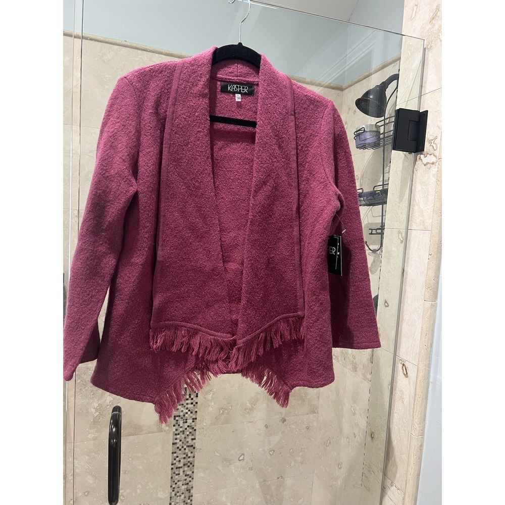 Kasper Sweater Blazer Womens M Woodrose Pink Wool Fringe Open Front Cardigan